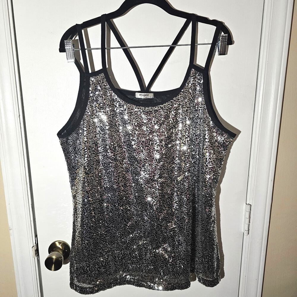Silver Sequin Strappy Long Tank Sz XL Sparkle Glam Stretch Club Going Out Top